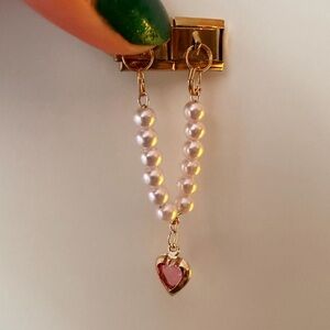 Gold-Toned Italian Charm Dangle with Pearl Beads & Pink Heart